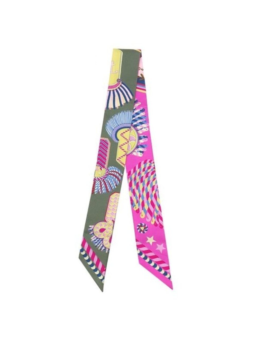Hermes Scarf Twilly Silk Vert Amande Pink Yellow Epaulettes de Gala Ceremonial